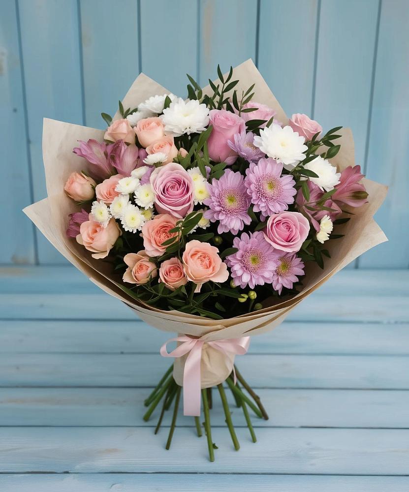 Букет цветов из: Хризантемы, Розы и Альстромерии в Ивантеевке Саратовской области