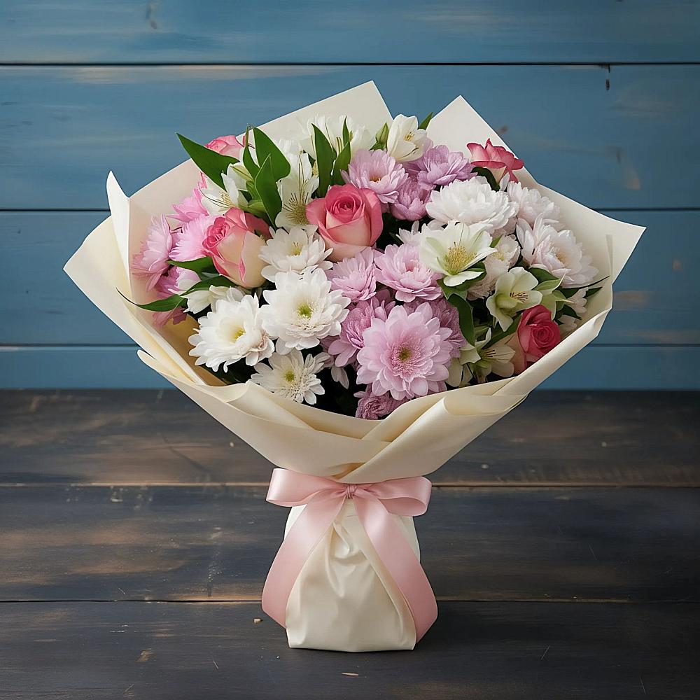 Букет цветов из: Хризантемы, Альстромерии и Розы в Ивантеевке Саратовской области